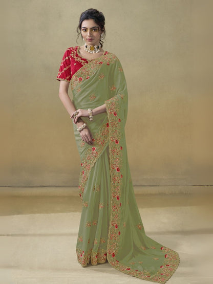 Rajwada Green Georgette Embroidered Elegant Saree For Women