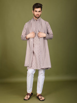 Rajwada Lavender Viscose Silk Embellished Stitched Kurta For Men