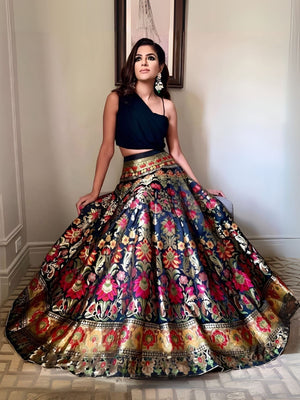 Rajwada Black Jacquard Silk Woven Semi-Stitched Lehenga For Women