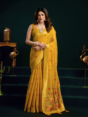 Rajwada Mustard Yellow Cotton Blend Printed Saree For Women