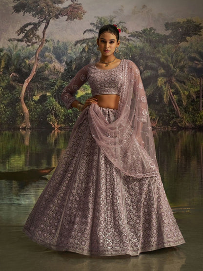 Rajwada Dusty Mauve Net Embellished Semi-Stitched Lehenga For Women