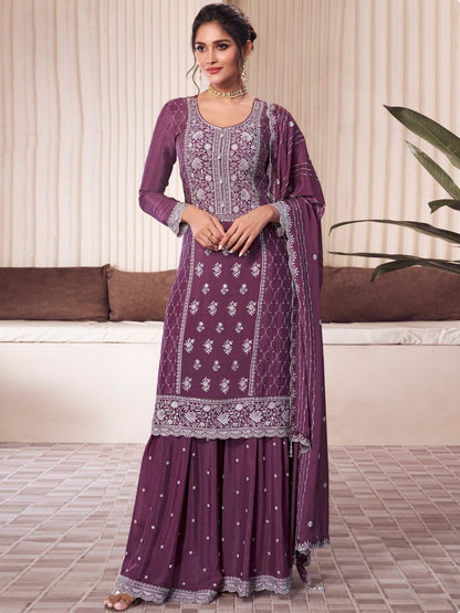 Rajwada Mauve Chiffon Embroidered Semi Stitched Kurta Set For Women