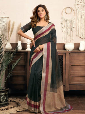 Rajwada Dark Grey Cotton Linen Zari Work Saree For Women
