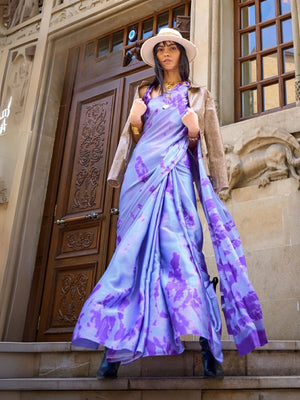 Rajwada Purple Satin Printed Saree With Unstitched Blouse For Women