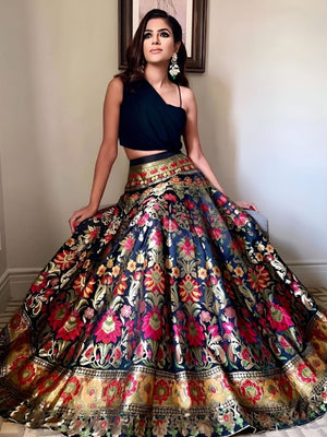 Rajwada Black Jacquard Silk Woven Semi-Stitched Lehenga For Women