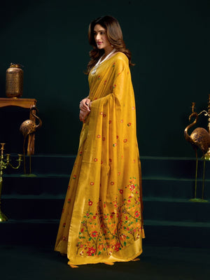 Rajwada Mustard Yellow Cotton Blend Printed Saree For Women