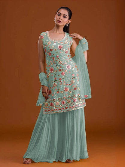 Rajwada Light Blue Georgette Embroidered Semi-Sitched Kurta Set For Women