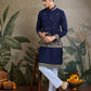 Rajwada Navy Blue Cotton Blend Embroidered Stitched Kurta For Men