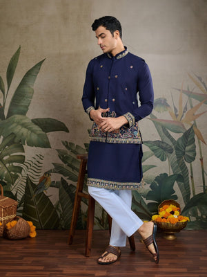 Rajwada Navy Blue Cotton Blend Embroidered Stitched Kurta For Men