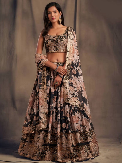 Rajwada Black Organza Printed And Embriodered Semi-Stitched Lehenga For Women