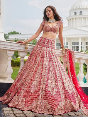 Rajwada Red Georgette Embellished Semi Stitched Lehenga For Women