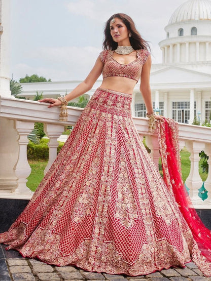Rajwada Red Georgette Embellished Semi Stitched Lehenga For Women