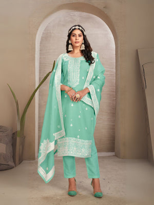 Rajwada Green Organza Embroidered Semi-Stitched Kurta Set For Women