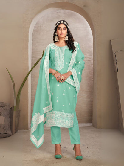Rajwada Green Organza Embroidered Semi-Stitched Kurta Set For Women