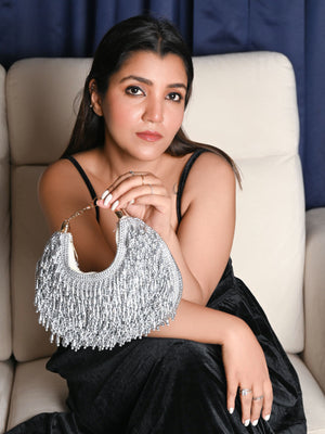 Rajwada Silver Polyester Silver Bead Work Hand Bag For Women