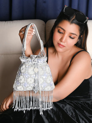 Rajwada Light Grey Velvet Metallic Sequins and Bead Work potli For Women