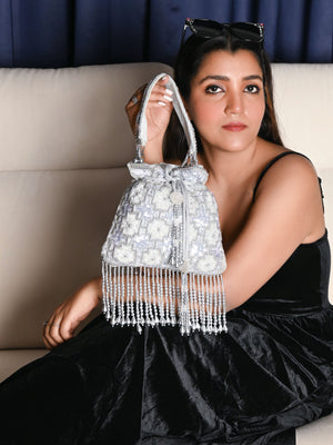 Rajwada Light Grey Velvet Metallic Sequins and Bead Work potli For Women