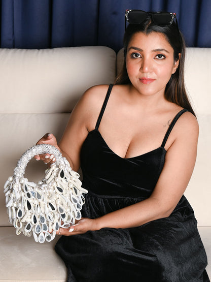 Rajwada Silver Suede Detailed With Beads And Mirror Work Hand Bag For Women