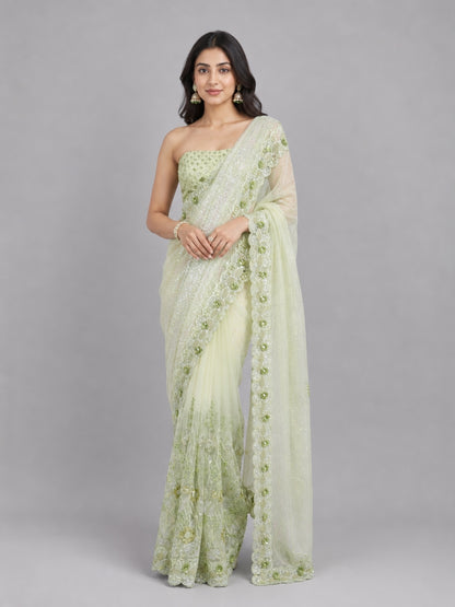 Pista Green Soft Net Embellished Saree