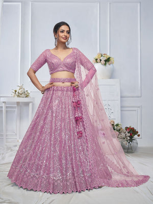 Rajwada Pink Soft Net Embellished Semi-Stitched Lehenga With Unstitched Blouse For Women