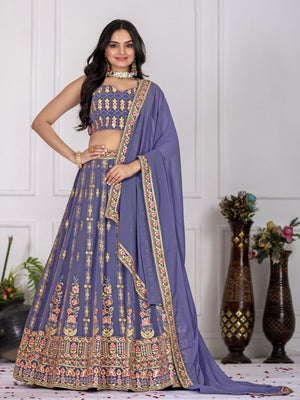 Rajwada Purple Georgette Embroidered Semi-Stitched lehenga For Women