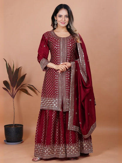 Rajwada Maroon Chinon Embroidered Stitched Kurta Set For Women