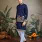 Rajwada Navy Blue Cotton Blend Embroidered Stitched Kurta For Men