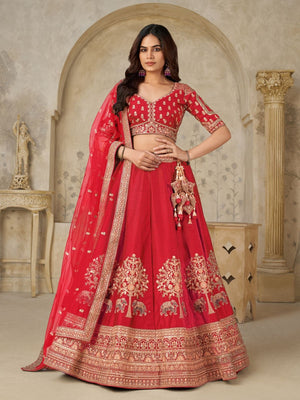 Rajwada Red Silk Blend Embroidered Semi-Stitched Lehenga For Women