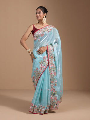 Rajwada Sky Blue Organza Embroidered Solid Saree For Women