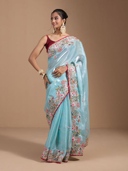 Rajwada Sky Blue Organza Embroidered Solid Saree For Women