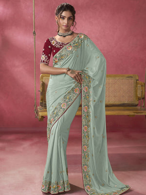 Rajwada Sea Green Georgette Embroidered Elegant Saree For Women