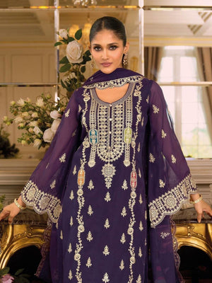 Rajwada Purple Chinon Embellished Semi Stitched Kurta Set For Women