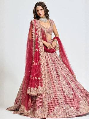 Rajwada Red Georgette Embellished Semi Stitched Lehenga For Women