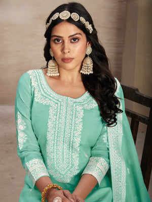 Rajwada Green Organza Embroidered Semi-Stitched Kurta Set For Women