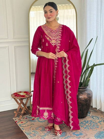Rajwada Dark Pink Silk Blend Embroidered Stitched Kurta Set For Women