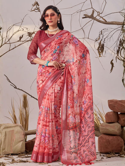 Rajwada Magenta Linen Cotton Printed Saree For Women
