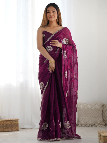 Rajwada Wine Organza Embroidered Solid Saree For Women