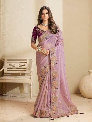 Rajwada Lavender Satin Embroidered Saree For Women