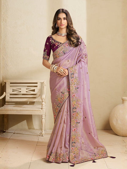 Rajwada Lavender Satin Embroidered Saree For Women