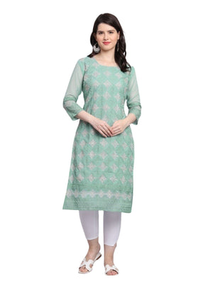 Rajwada Pista Green Georgette Embroidered Kurti For Women