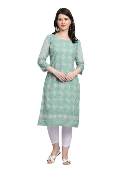 Rajwada Pista Green Georgette Embroidered Kurti For Women