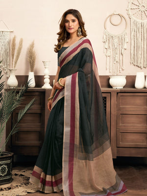 Rajwada Dark Grey Cotton Linen Zari Work Saree For Women