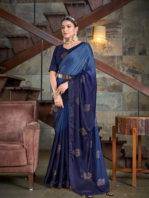Rajwada Women Festive Designer Dark Blue Saree With Unstitched Blouse