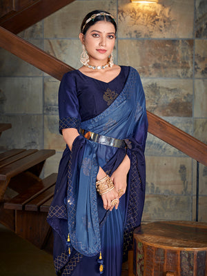 Rajwada Women Festive Designer Dark Blue Saree With Unstitched Blouse