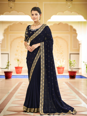 Rajwada Women Dark Blue Saree With Unstitched Blouse