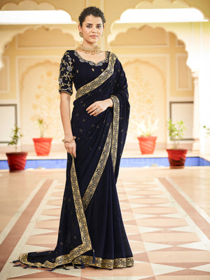 Rajwada Women Dark Blue Saree With Unstitched Blouse