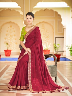 Rajwada Women Maroon Saree With Unstitched Blouse