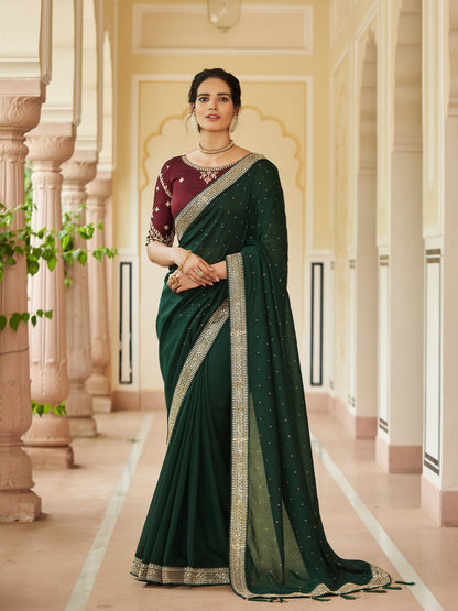 Rajwada Women Dark Green Saree With Unstitched Blouse