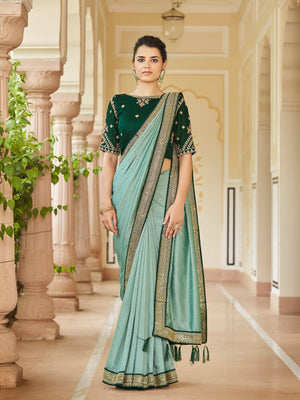 Rajwada Women Sea Green Saree With Unstitched Blouse