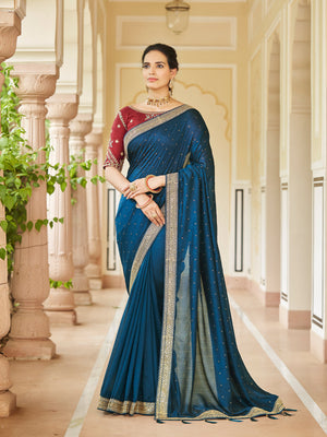 Rajwada Women Dark Blue Saree With Unstitched Blouse